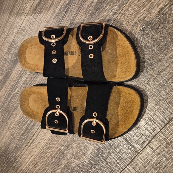 Shoes - Women Black Sandals with Gold Buckles